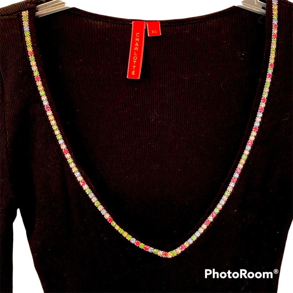 CHARLOTTE TARANTOLA Black Deep V Neck Long sleeve Top XS *Sparkles* - Picture 2 of 4